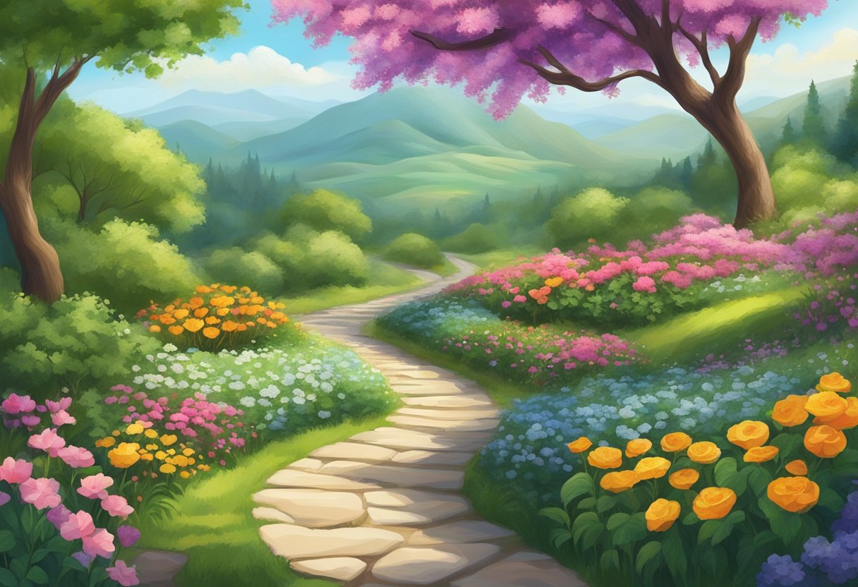 A serene landscape with a winding path leading towards a vibrant, healthy heart surrounded by blooming flowers and lush greenery