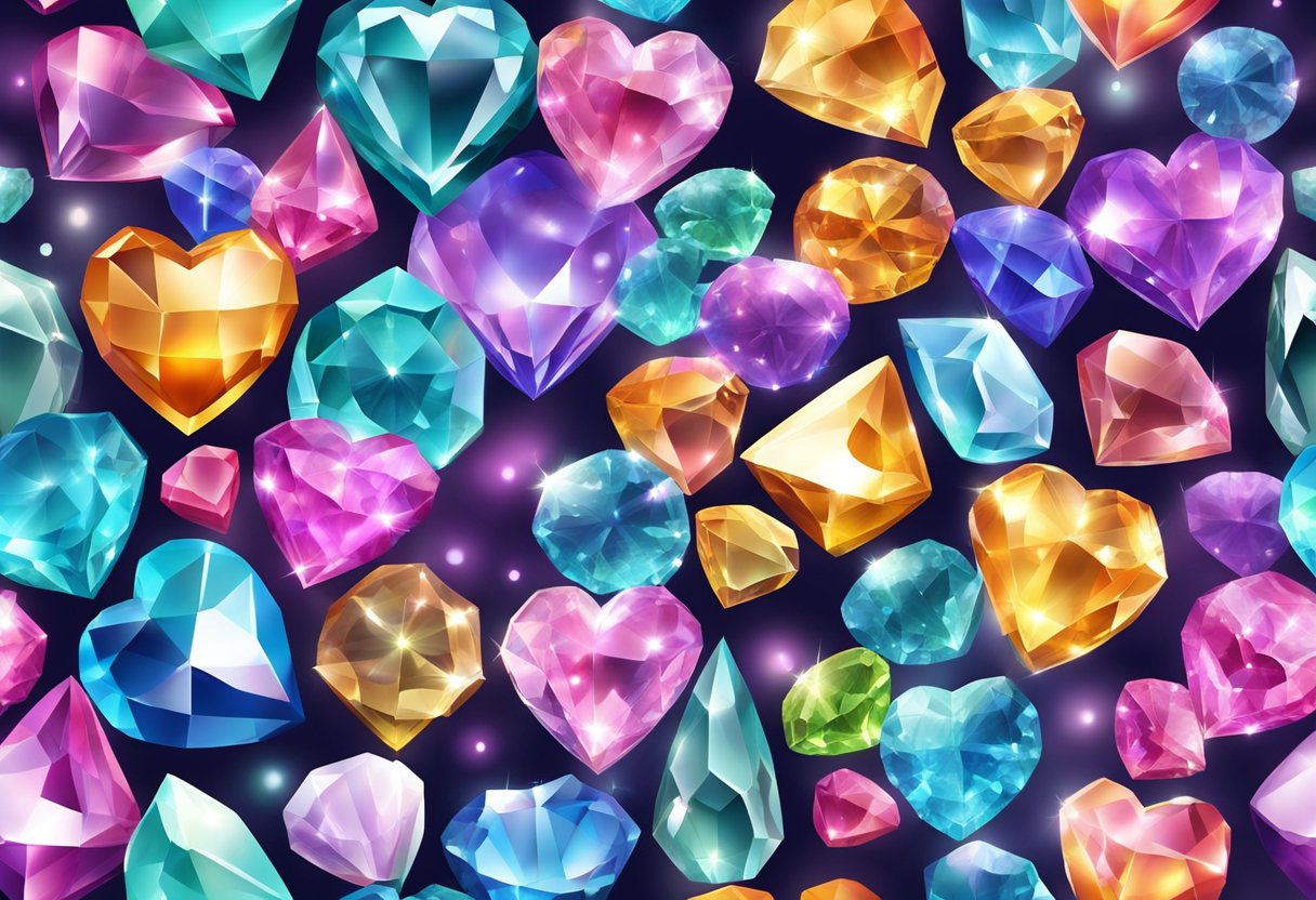 A collection of sparkling crystals arranged in a heart shape, emitting a soothing energy