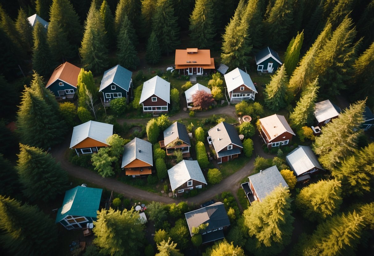 Aerial view of clustered tiny homes in Washington State, surrounded by lush greenery and communal spaces