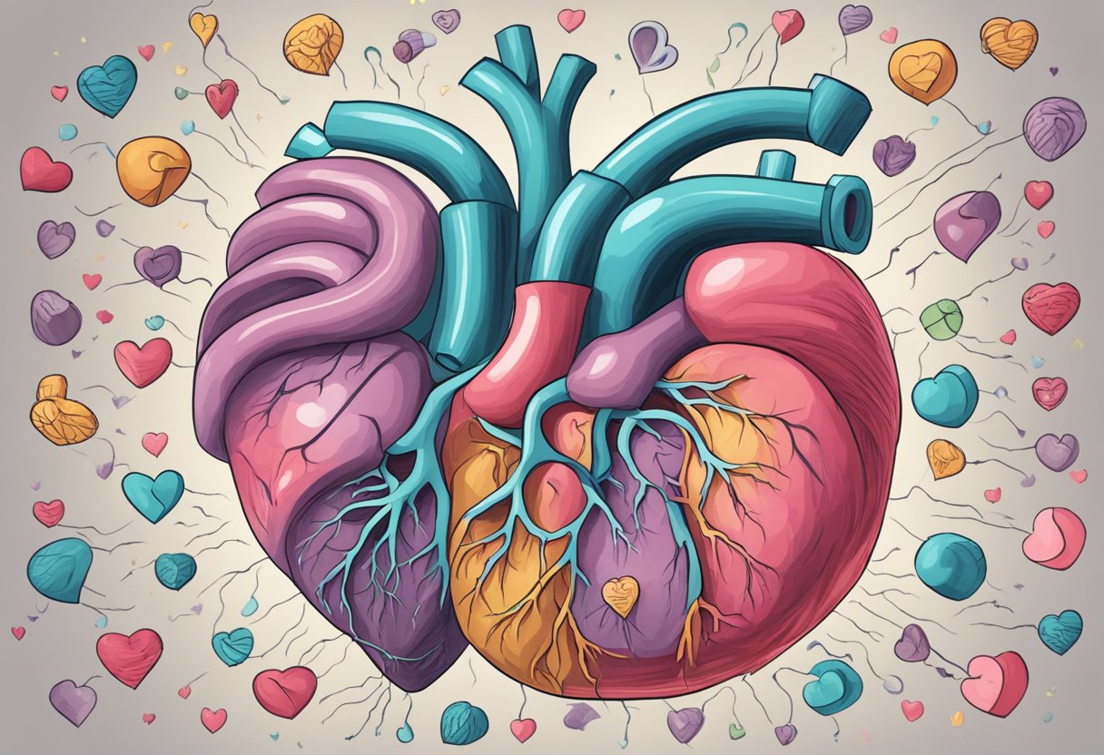 A heart-shaped organ surrounded by question marks, symbolizing confusion and uncertainty about congestive heart failure after a heart attack