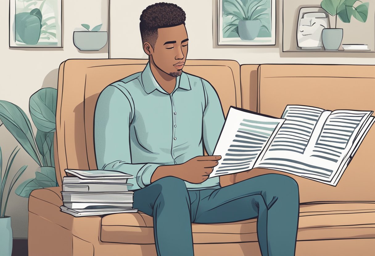 A person sitting in a chair, reading a pamphlet titled "Frequently Asked Questions heart attack recovery" with a concerned expression on their face