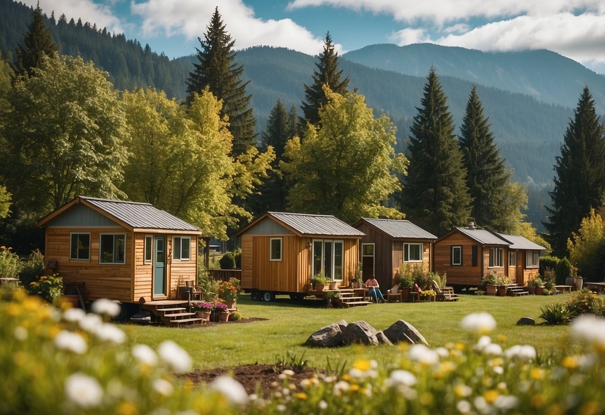 A group of tiny homes nestled in a lush Washington state landscape, with residents enjoying communal gardens, outdoor seating areas, and shared amenities