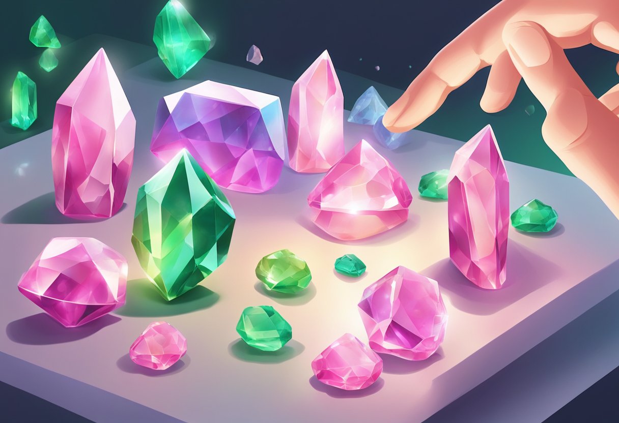 A hand reaches for green and pink crystals on a table. Light shines through the translucent stones, casting colorful reflections