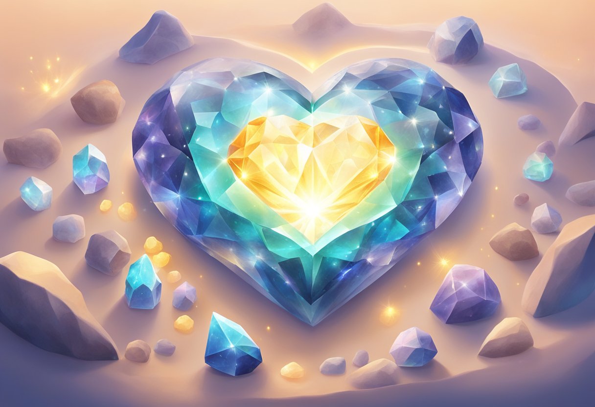 A serene setting with crystals arranged around a glowing heart, emitting calming energy
