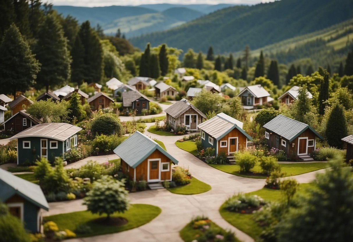 A cluster of tiny homes nestled in a lush green landscape, with winding pathways connecting the community center and communal gardens