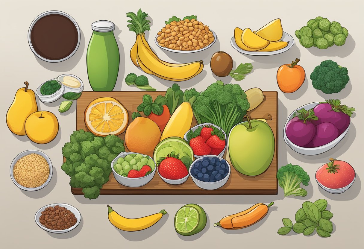 A table with healthy food options: fruits, vegetables, whole grains, and lean proteins. No processed foods or sugary drinks in sight