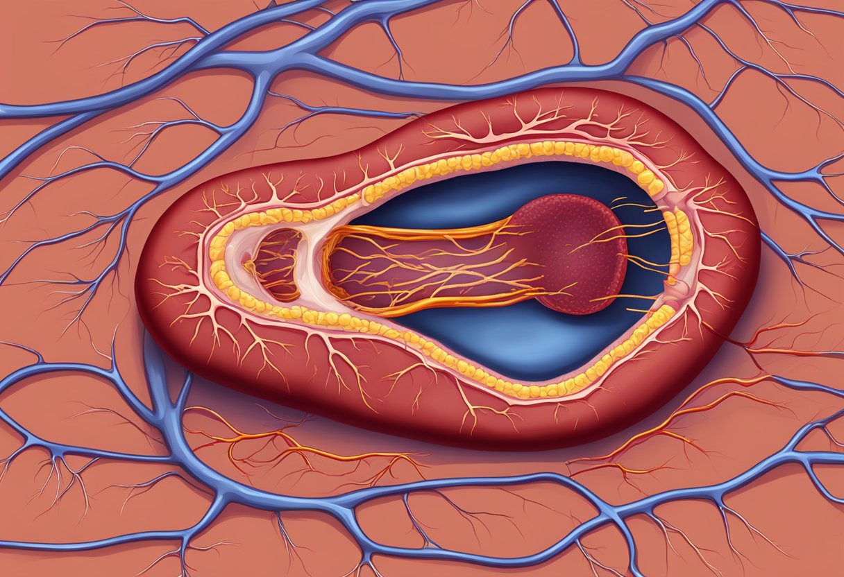 A red, clogged artery with plaque buildup and restricted blood flow
