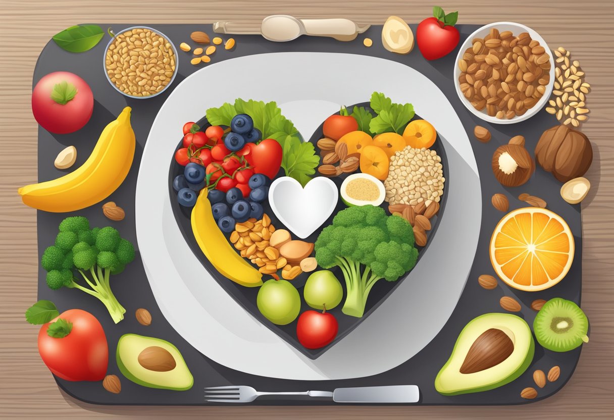 A table with heart-healthy foods: fruits, vegetables, whole grains, nuts, and lean proteins. A heart symbol on a plate