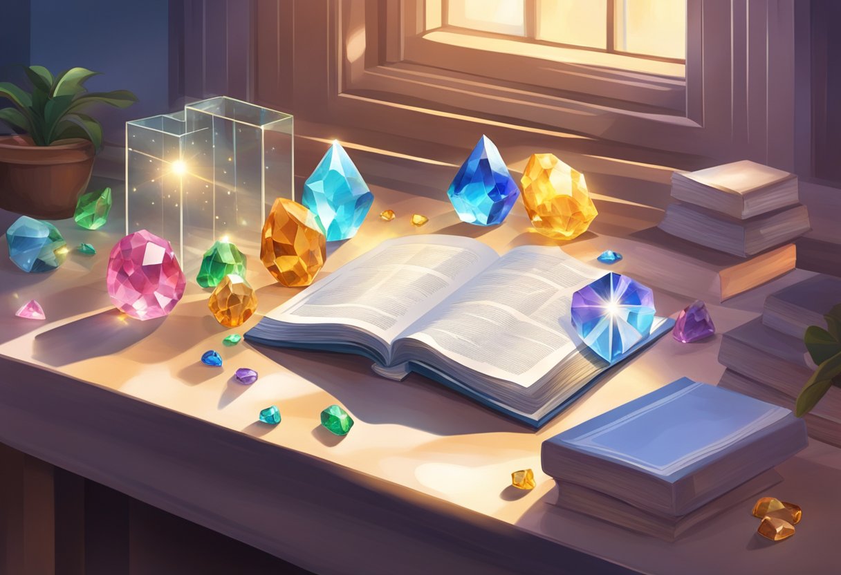 A table with various crystals and a pamphlet on heart palpitations. Light shines through a window, casting colorful reflections on the crystals