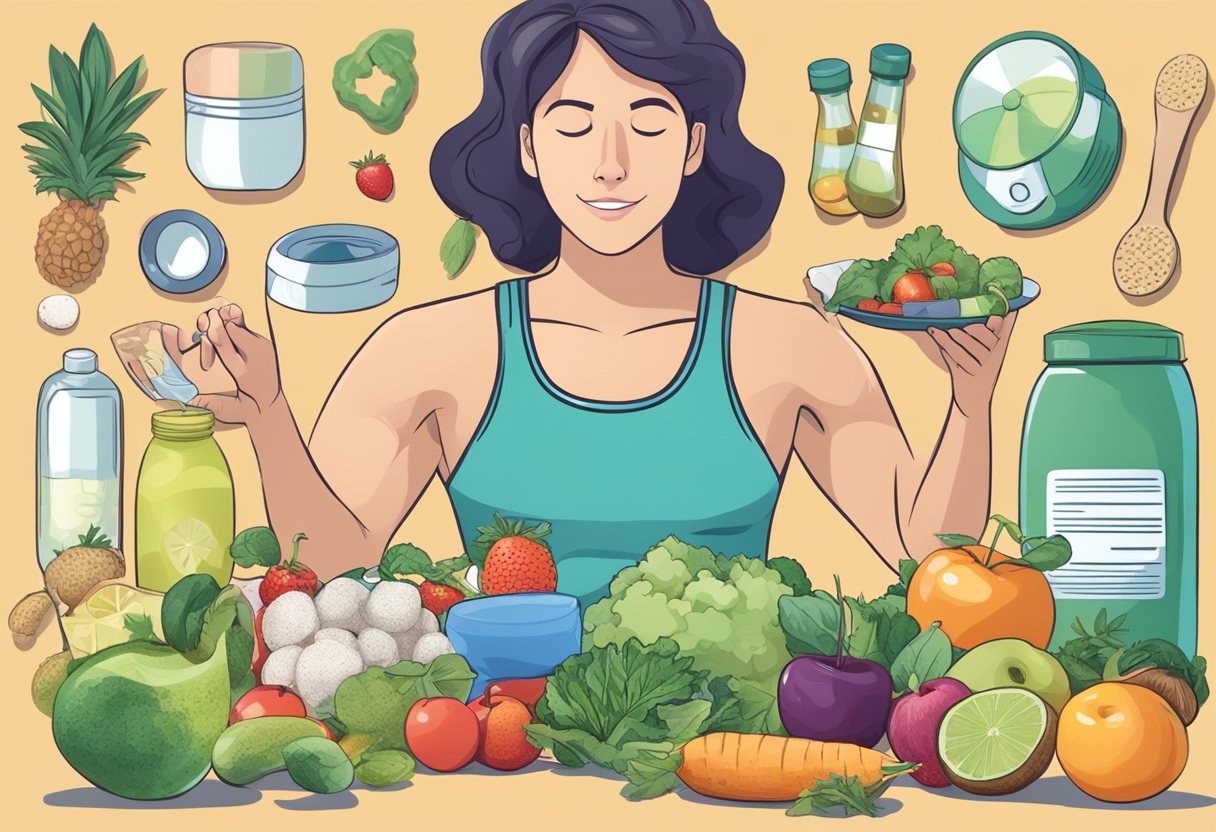 A person exercising, eating healthy foods, and taking medication