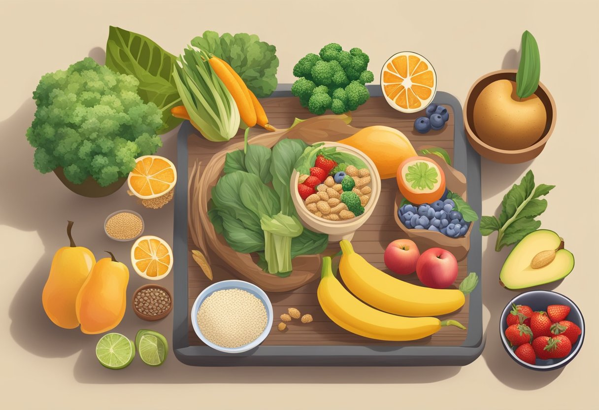 A table with healthy food options, such as fruits, vegetables, whole grains, and lean proteins. A person exercising or meditating in a peaceful environment