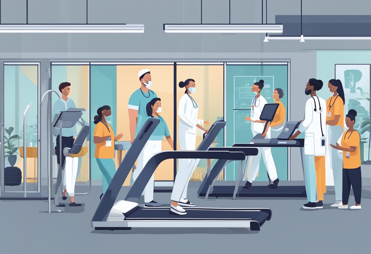 A person exercising on a treadmill, surrounded by medical equipment and a supportive healthcare team