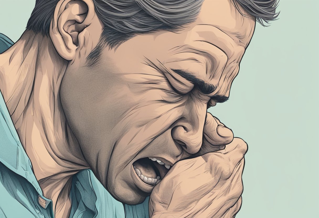 A person clutches their chest in pain, wincing as they struggle to breathe. Their face contorts with discomfort, and they grimace with each sharp pang