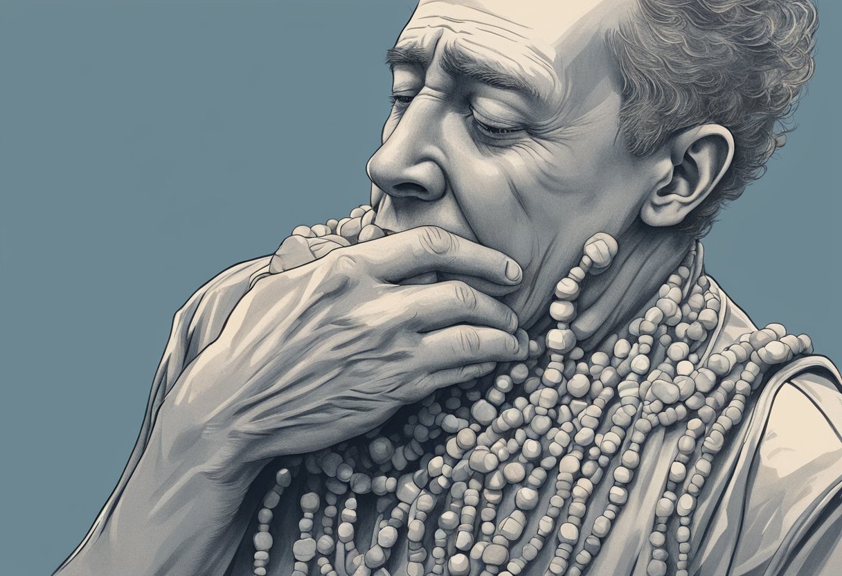 A person clutches their chest, grimacing in pain, as they struggle to catch their breath. Beads of sweat form on their forehead, and they appear pale and weak