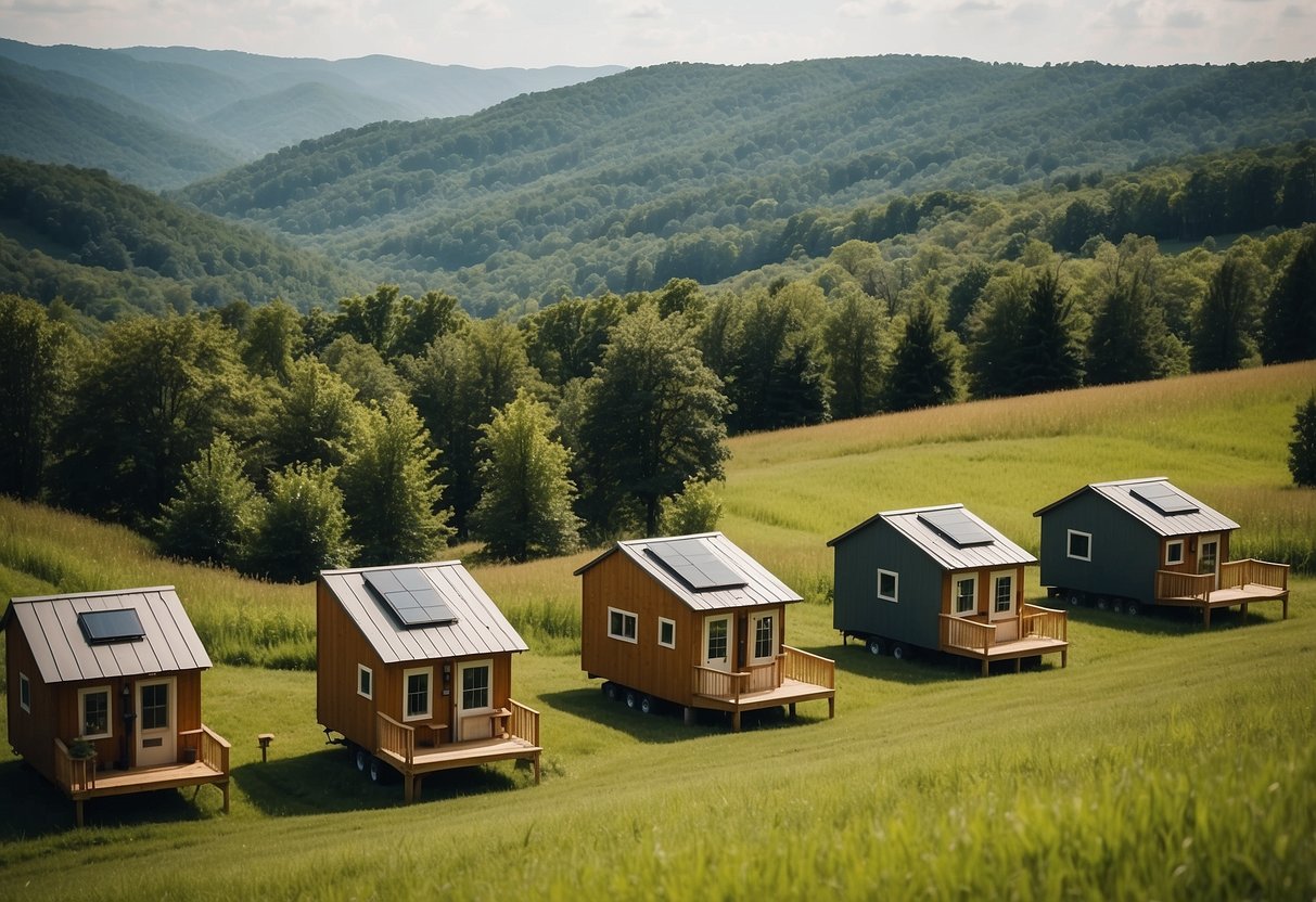 Several tiny homes nestled among the rolling hills of West Virginia, surrounded by lush greenery and a sense of community