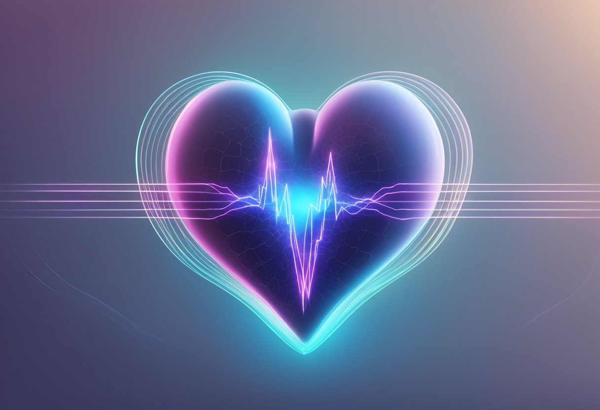 A heart-shaped object with a pulsating glow, indicating a normal heart rate but with a sense of awareness or consciousness