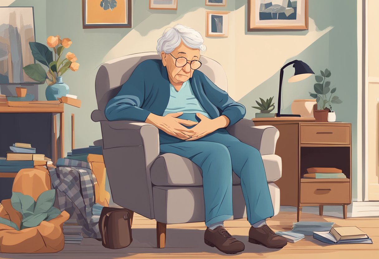 An elderly person slumped in a chair, clutching their chest in distress. Items around them suggest a home environment, such as a cozy armchair and family photos on the wall