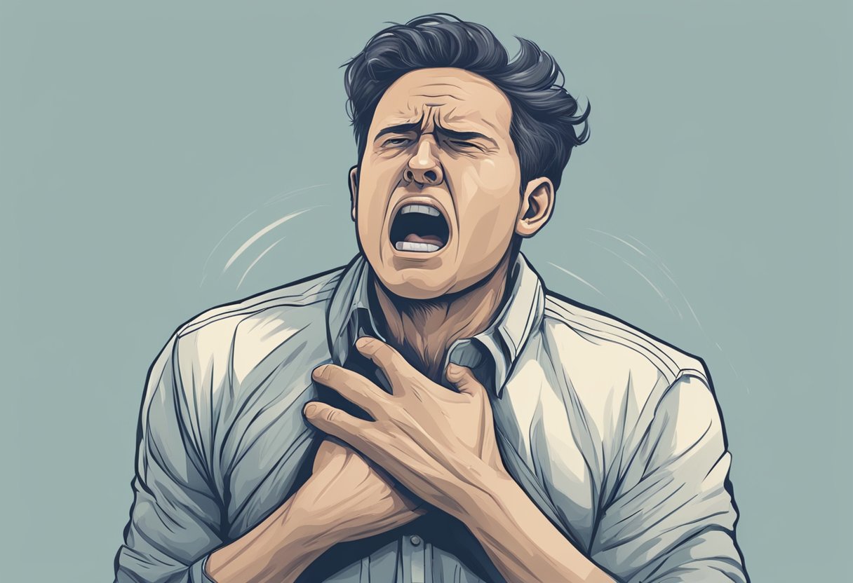 A person clutching their chest in pain, grimacing and struggling to breathe, with a sense of panic and fear in their eyes