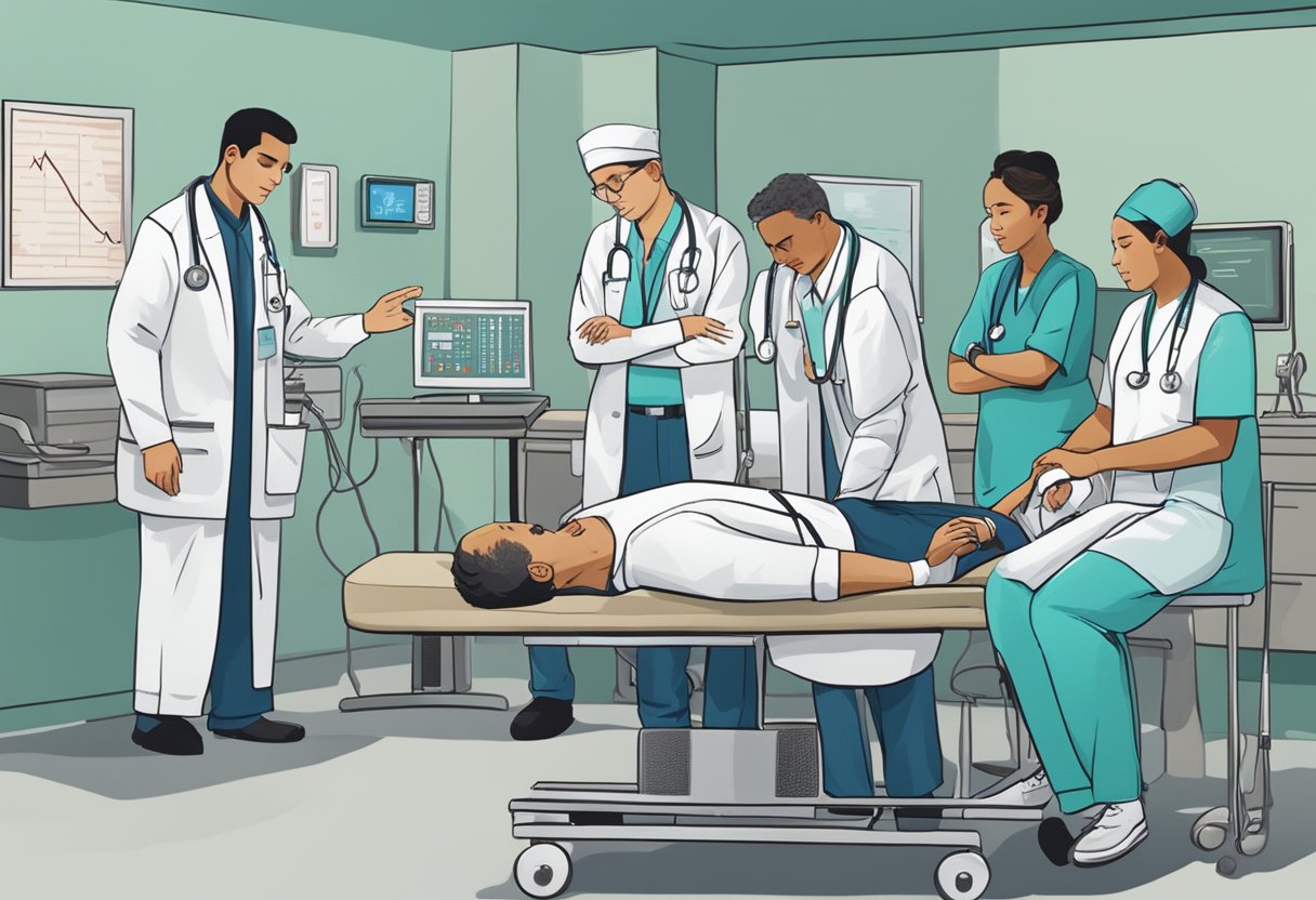 A heart monitor beeping rapidly, a distressed patient clutching their chest, and medical staff rushing to assist