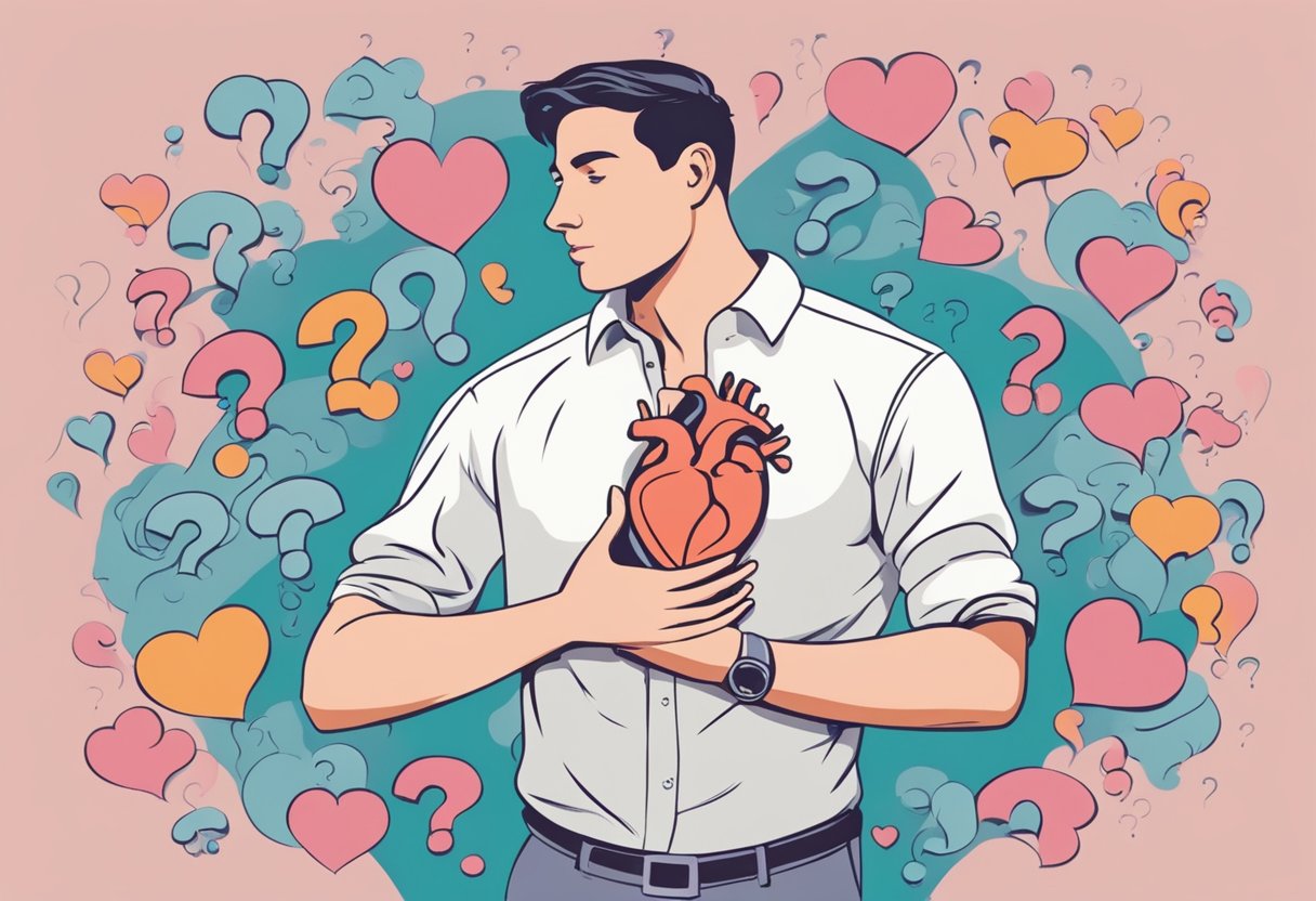 A person clutching their chest in confusion, surrounded by question marks and a split image of the heart and chest area