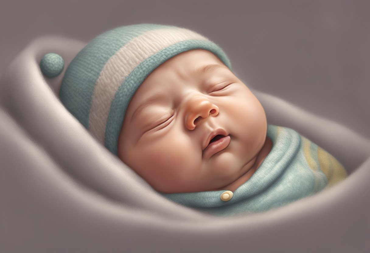 A newborn lies still, face flushed, struggling to breathe. Sweat beads on their forehead as they gasp for air, their tiny chest heaving with each labored breath