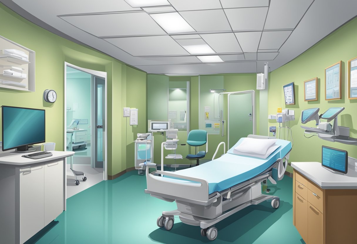 A hospital room with medical equipment, a patient's chart, and a concerned family member
