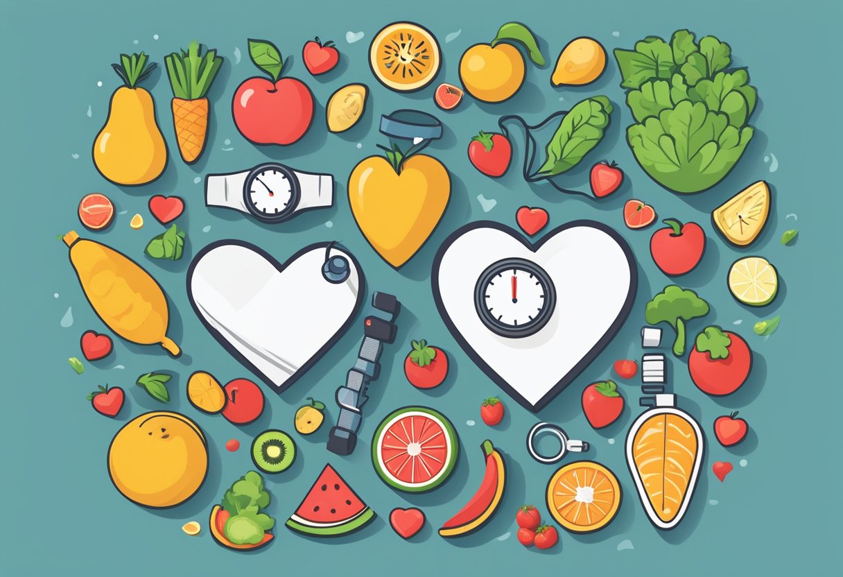 A heart with a bandage around it, surrounded by healthy lifestyle symbols like fruits, vegetables, exercise equipment, and a heart rate monitor