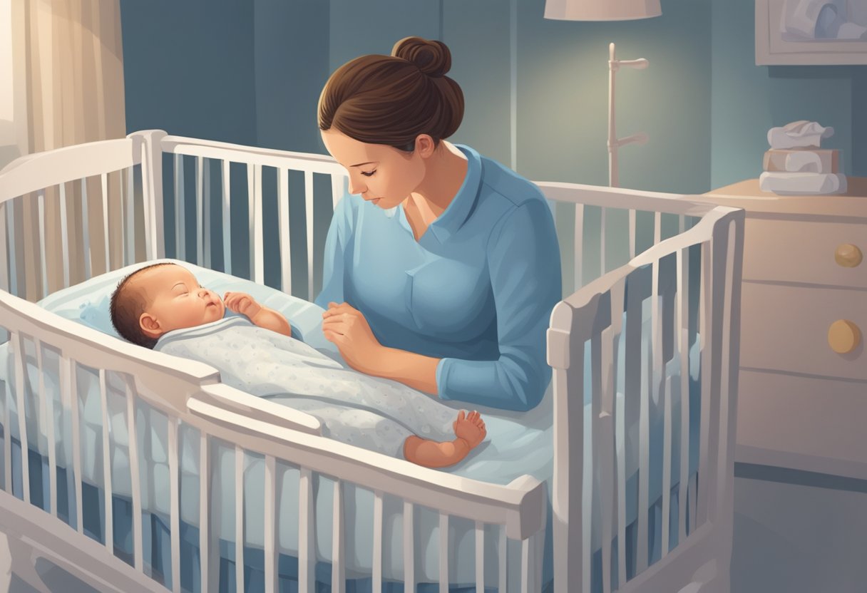 A newborn lies peacefully in a crib, while a concerned parent observes for signs of heart problems such as rapid breathing or bluish skin