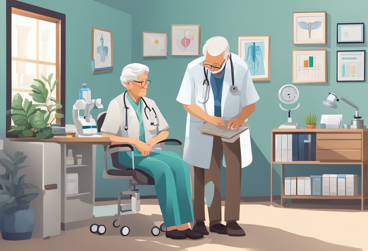 An elderly person sitting in a doctor's office, surrounded by medical equipment and charts, while a physician listens to their heartbeat with a stethoscope