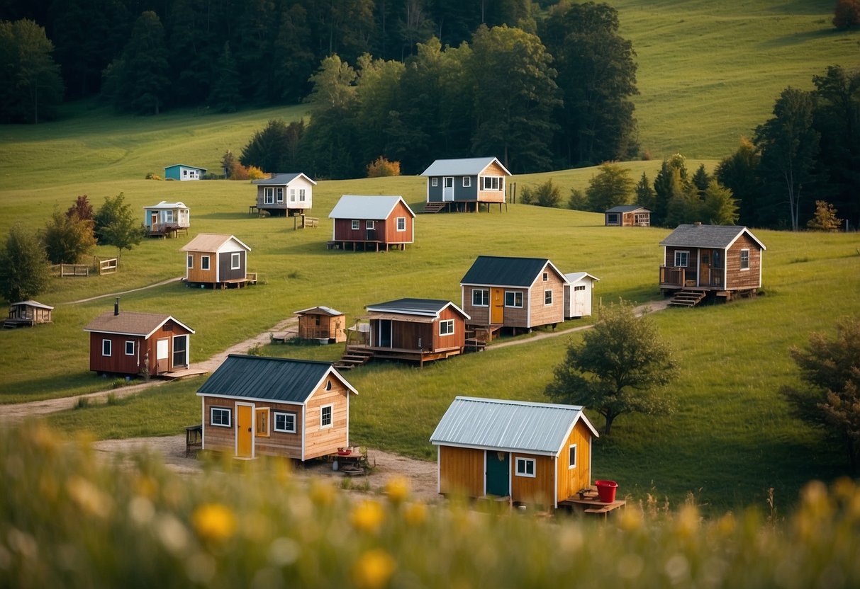 A cluster of tiny homes nestled in the rolling hills of West Virginia, with a central gathering area and communal gardens