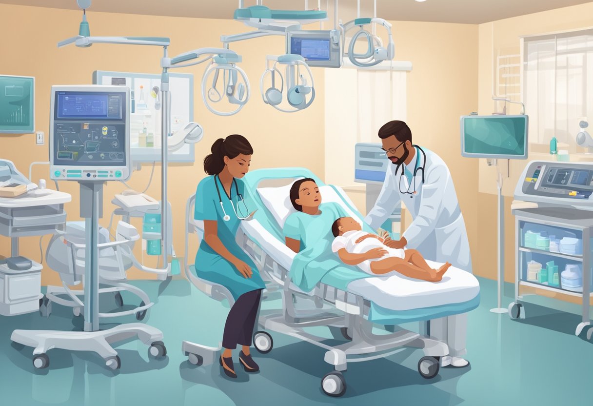 A newborn lies in a hospital crib, surrounded by medical equipment. A doctor and nurse discuss treatment options for the baby's heart condition