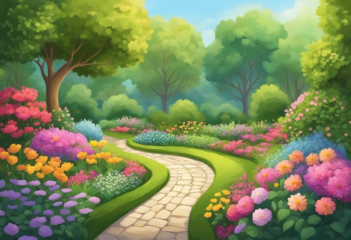 A serene garden with a winding path leading to a vibrant, blooming heart-shaped flower bed, surrounded by healthy, lush greenery