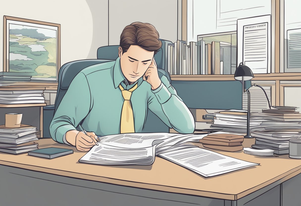 A person sits at a desk, reading a paper with the title "Frequently Asked Questions: What does a minor heart attack feel like?" They appear concerned and focused on the information