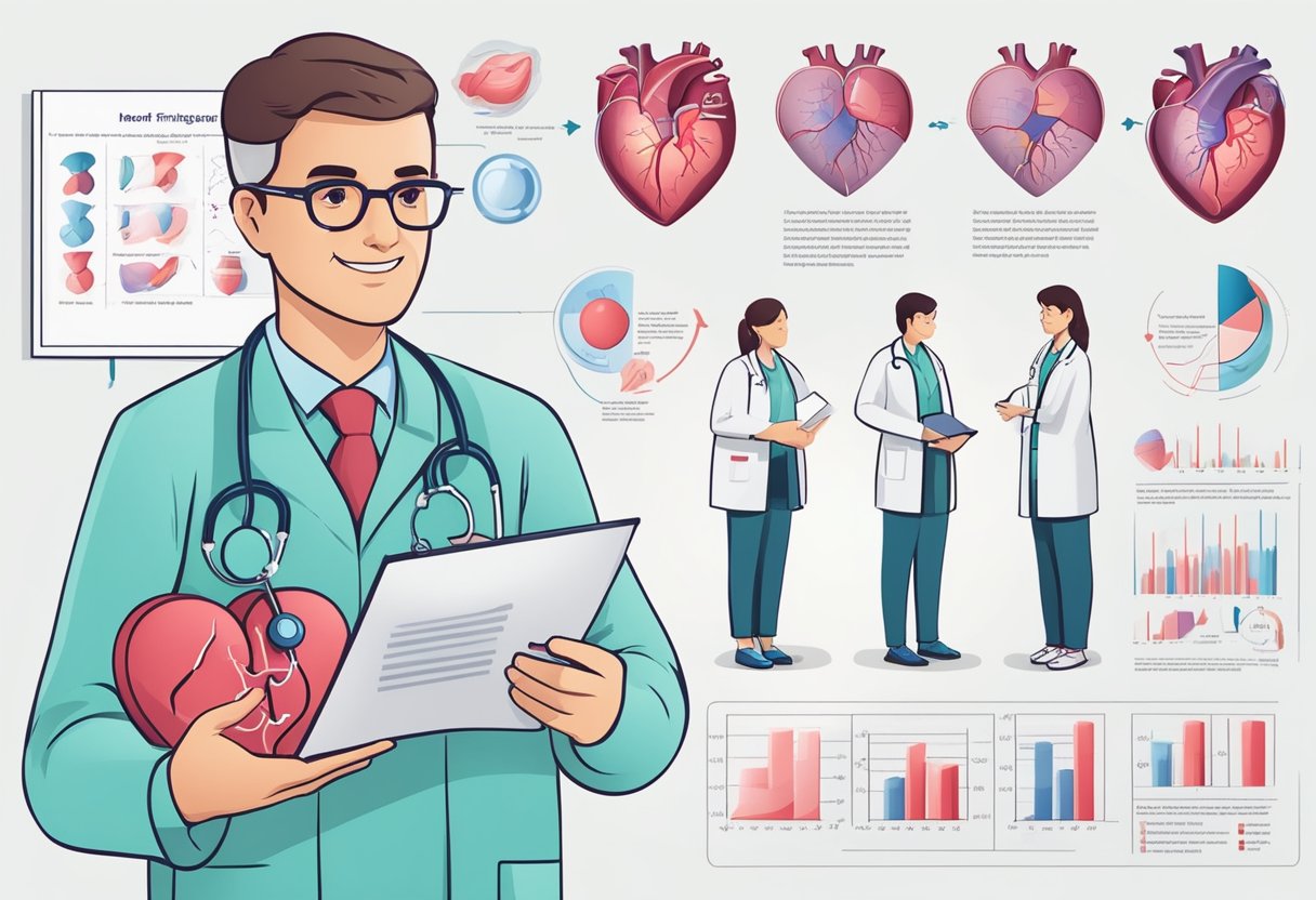 A doctor explaining heart failure stages using diagrams and charts
