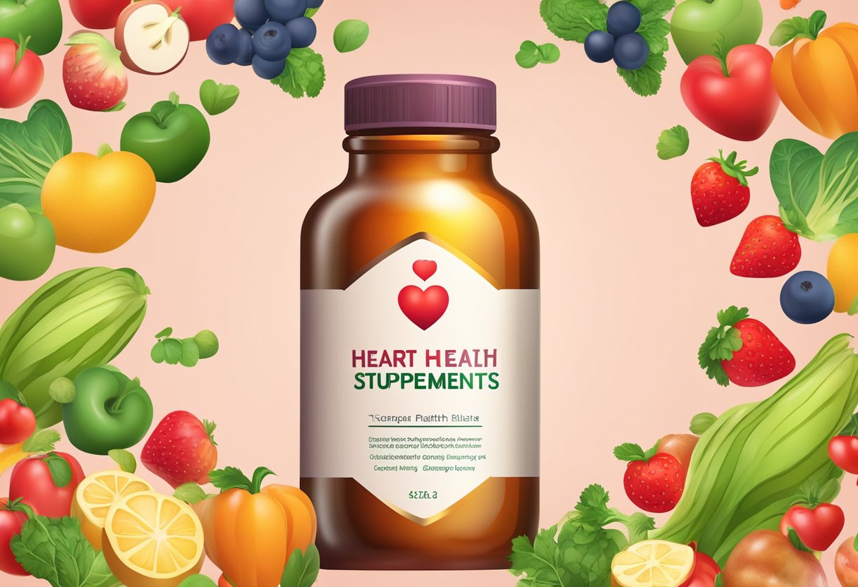 A bottle of heart health supplements surrounded by fresh fruits and vegetables. A heart-shaped logo on the bottle