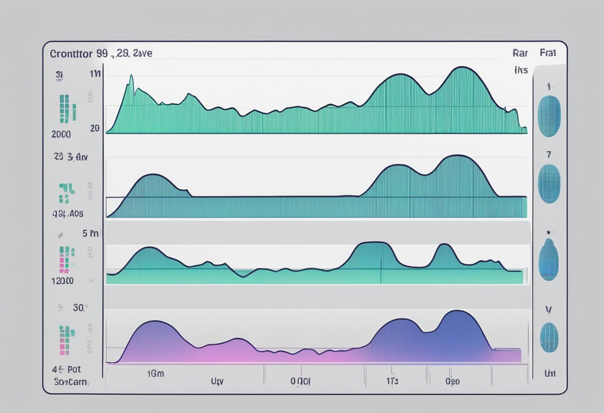 A heart rate monitor displays fluctuating beats over 20 milliseconds, illustrating heart rate variability (HRV)