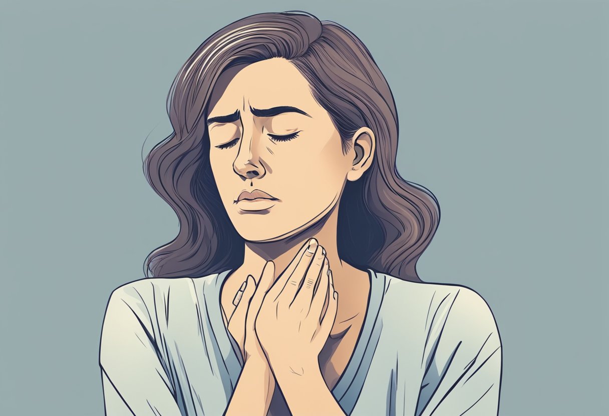 A woman clutching her chest, with a pained expression, shortness of breath, and dizziness
