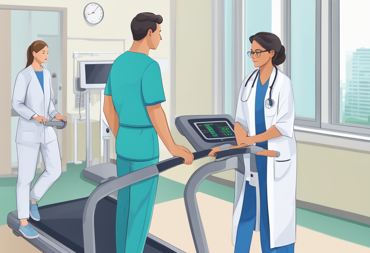 Patient on treadmill with medical staff monitoring. Heart catheterization shows normal results