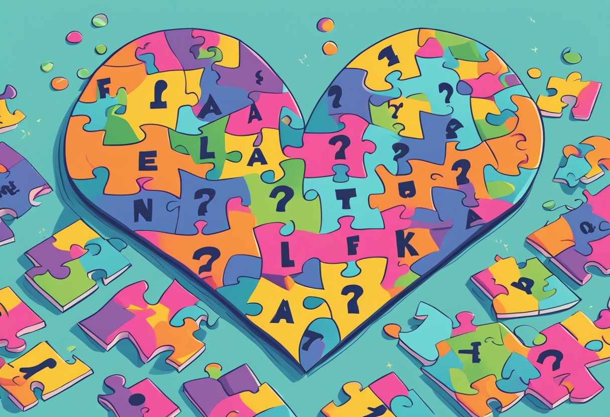 A heart-shaped puzzle with the words "Fully Recover from a Heart Attack?" written on it, surrounded by question marks