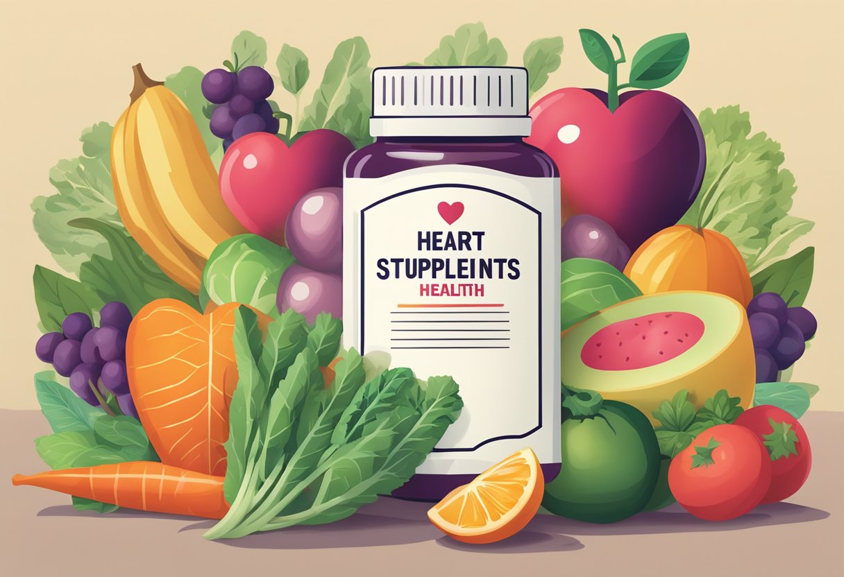 A bottle of heart health supplements sits on a table, surrounded by fresh fruits and vegetables, with a heart shape in the background