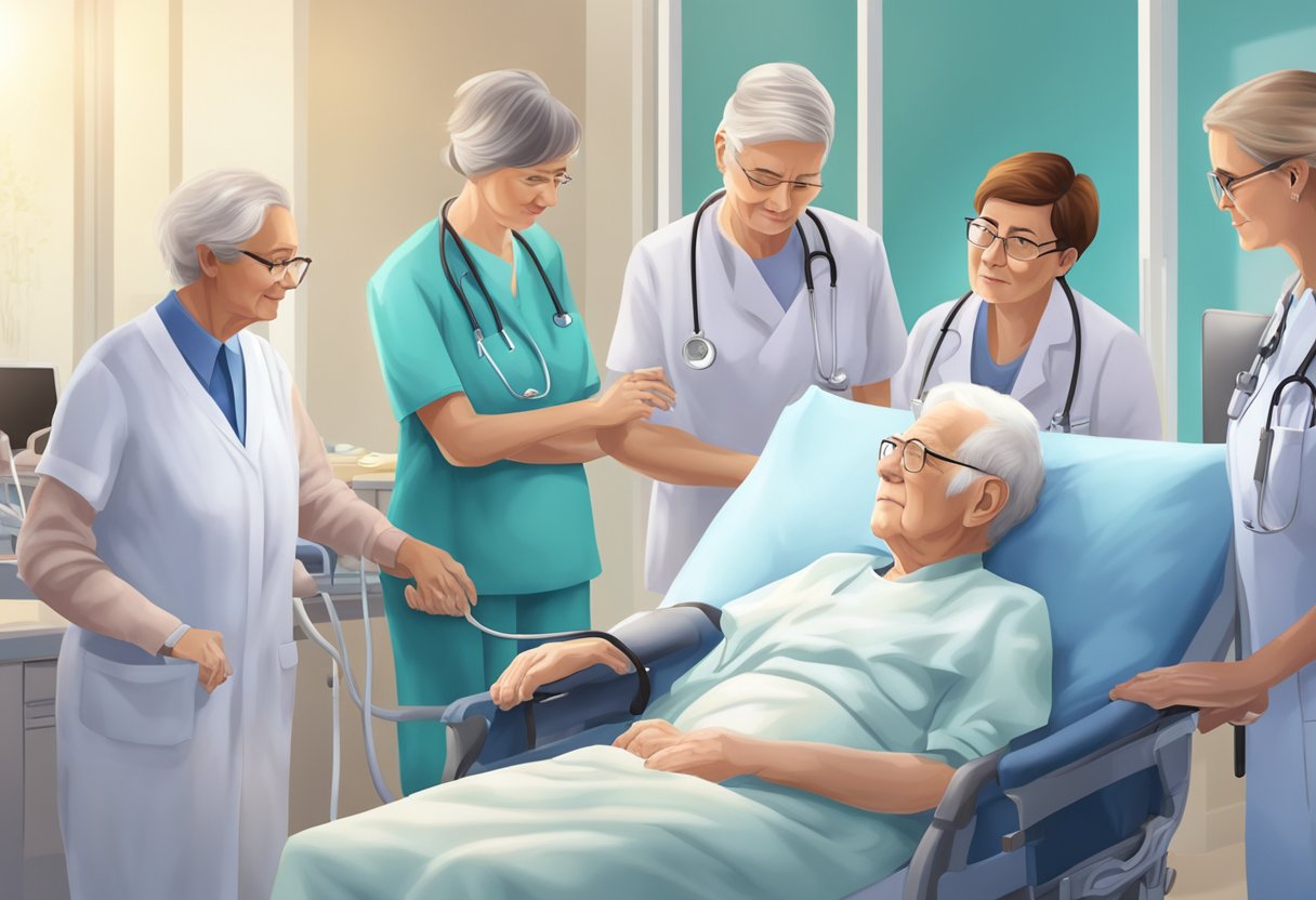 Elderly patient receiving heart failure treatment, surrounded by medical equipment and caregivers
