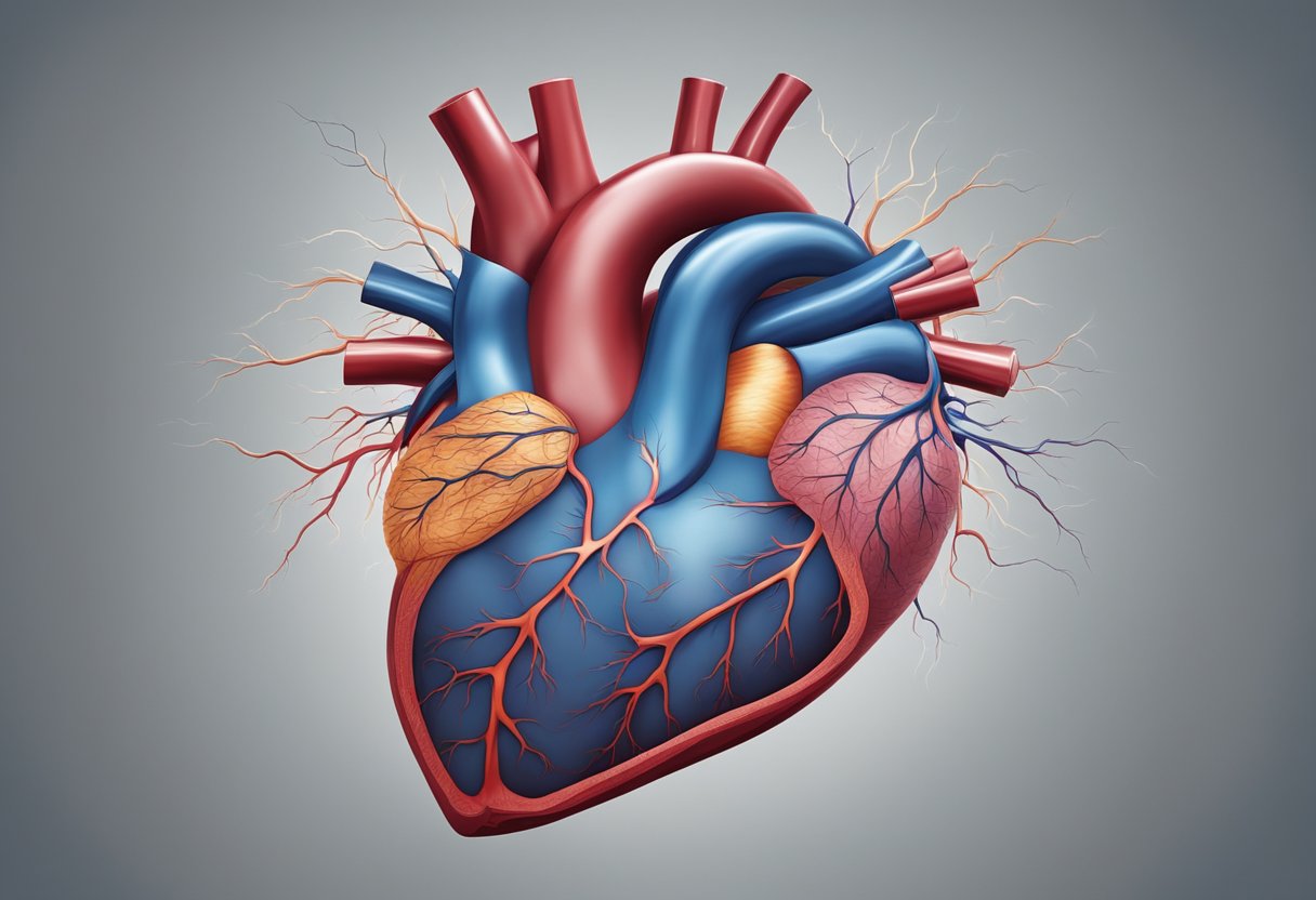 A heart beating rapidly, bulging out of a chest cavity, with veins pulsating and blood flowing vigorously