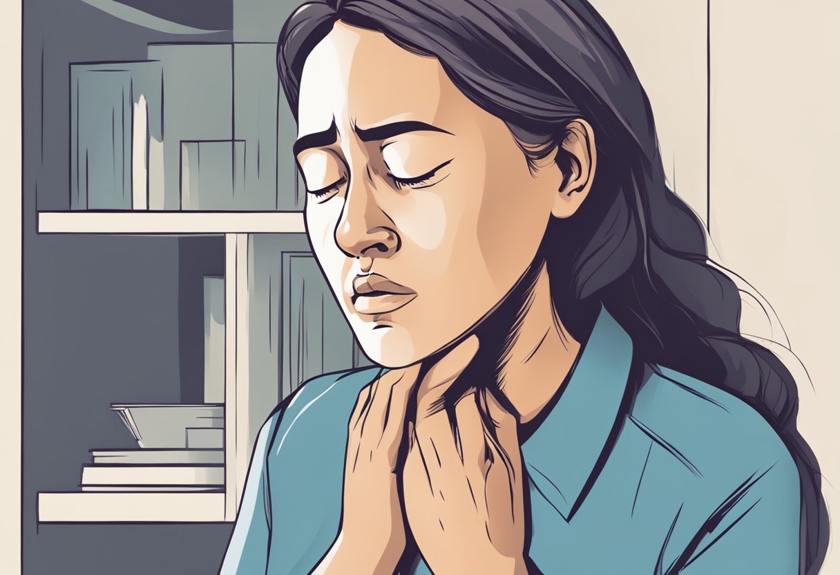 A woman clutching her chest in pain, with a distressed expression on her face. She may be experiencing shortness of breath and dizziness