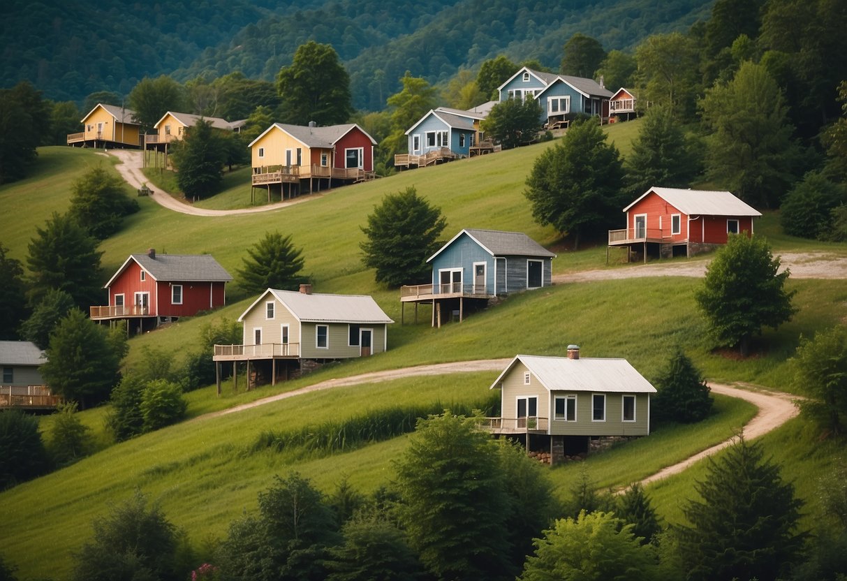 A cluster of small, colorful homes nestled in the rolling hills of Western NC, surrounded by lush greenery and winding paths