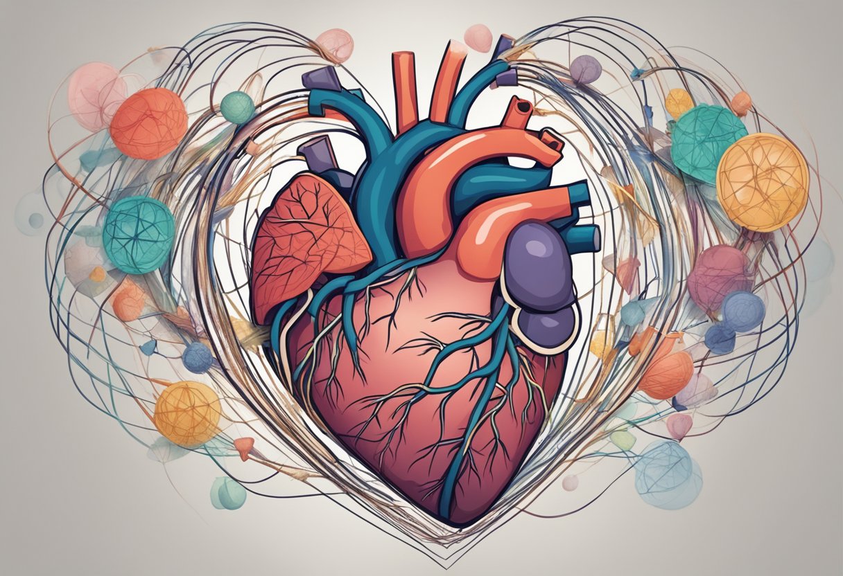 A heart surrounded by tangled autoimmune symbols, pulsing with palpitations