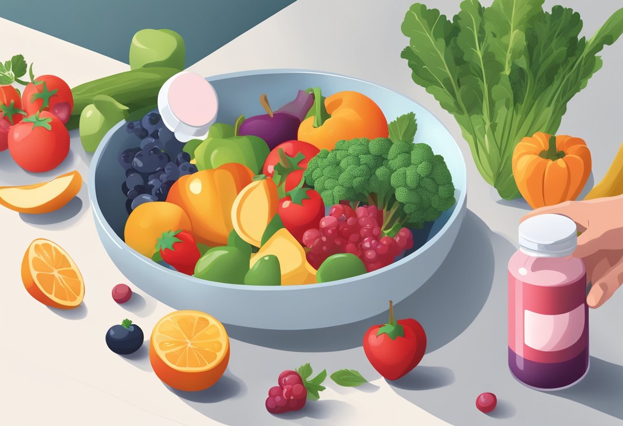 A person's hand pours heart health supplements into a bowl of fresh fruits and vegetables on a kitchen counter