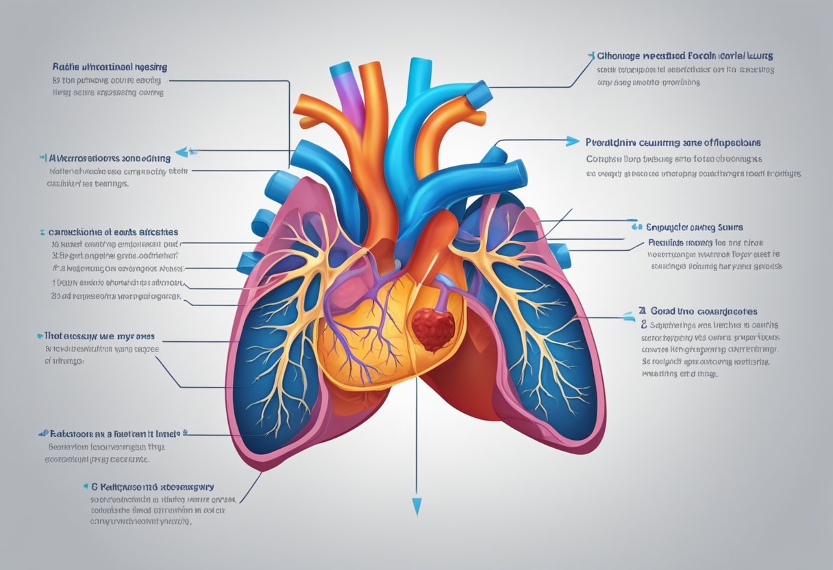 An enlarged heart pulsates irregularly, causing shortness of breath and fatigue. Blood pools in the lungs, leading to coughing and wheezing