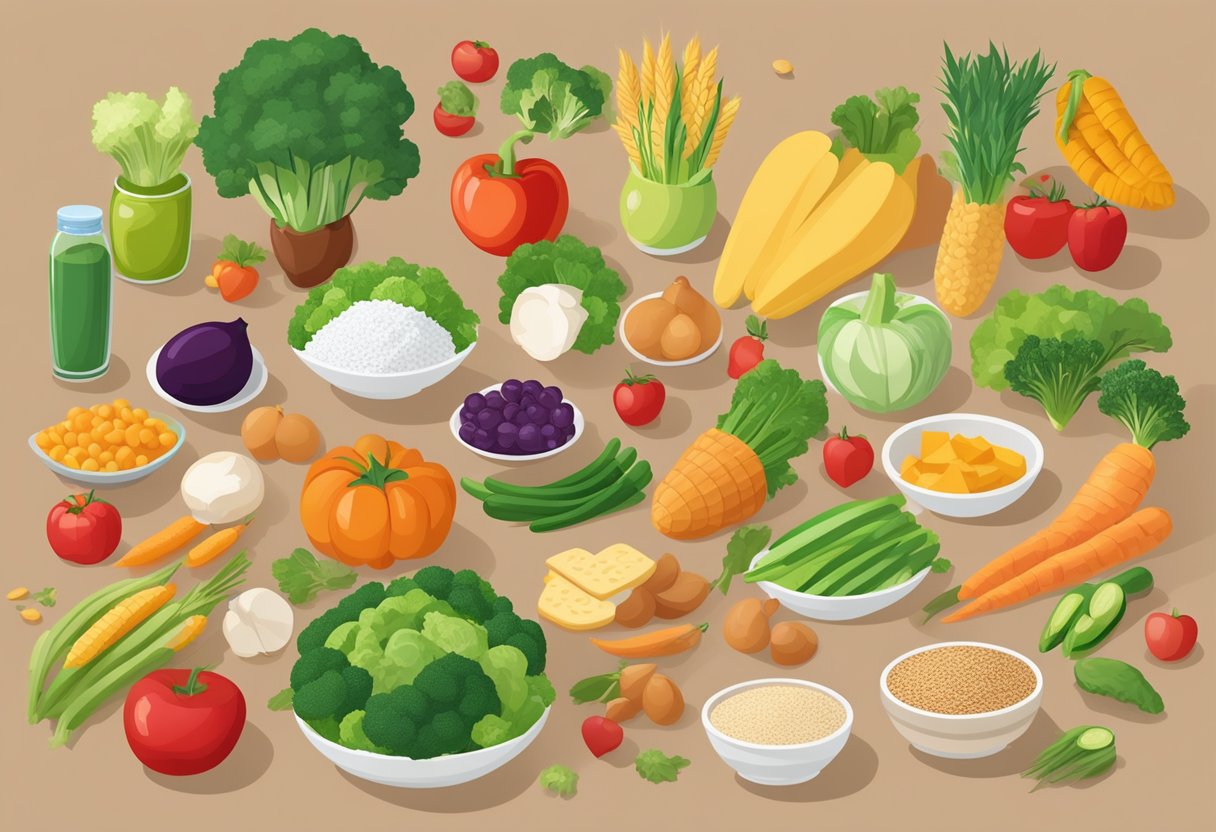 A table with heart-healthy foods: vegetables, fruits, whole grains, lean proteins, and low-sodium options. No added salt or processed foods