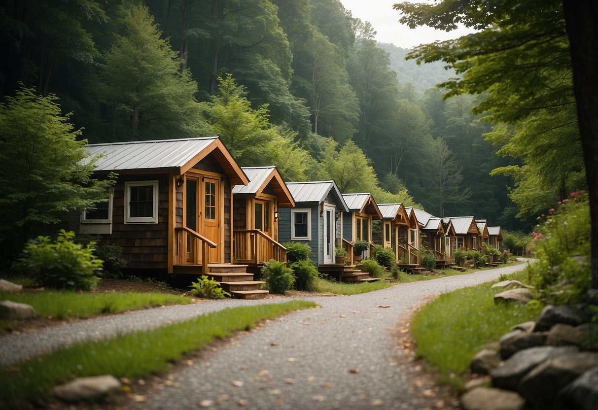 A cluster of quaint tiny homes nestled in the lush mountains of western NC, surrounded by towering trees and a peaceful, serene atmosphere