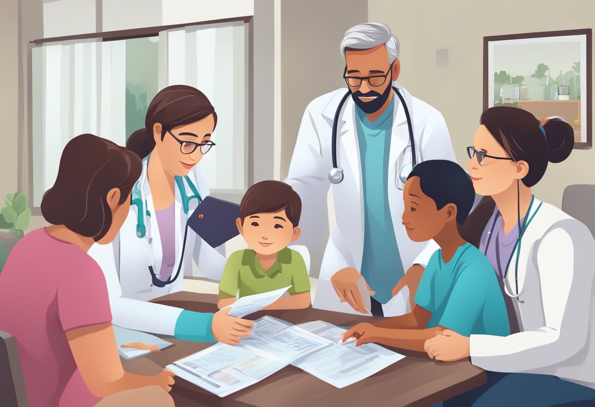 A doctor reviewing charts and discussing treatment options for congestive heart failure with a patient's family